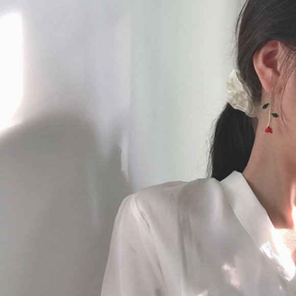 Crimson Red Rose Stem Leaflet Drop Dangle Gold Earrings - Picture 2 of 6